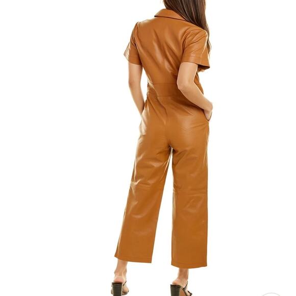 Walter Baker Ellie Zip and Snap Lamb Leather Caramel Short Sleeve Jumpsuit M - Picture 7 of 12